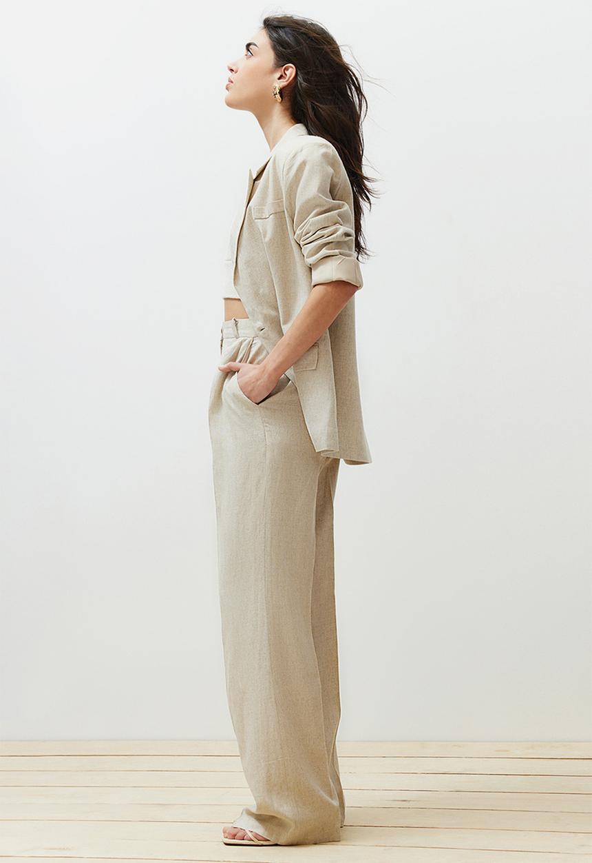 Trendyol - Linen Blend Wide Leg Trousers - Beige