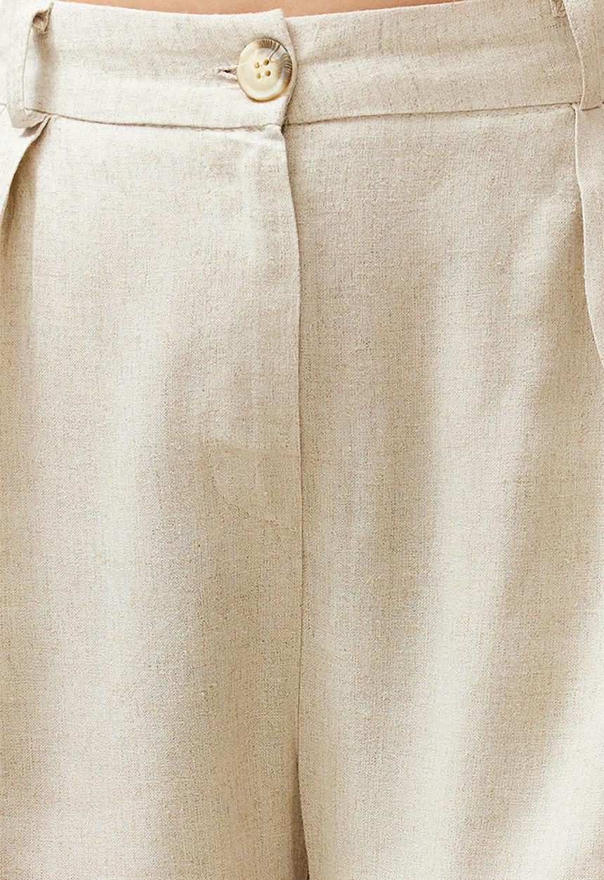 Trendyol - Linen Blend Wide Leg Trousers - Beige