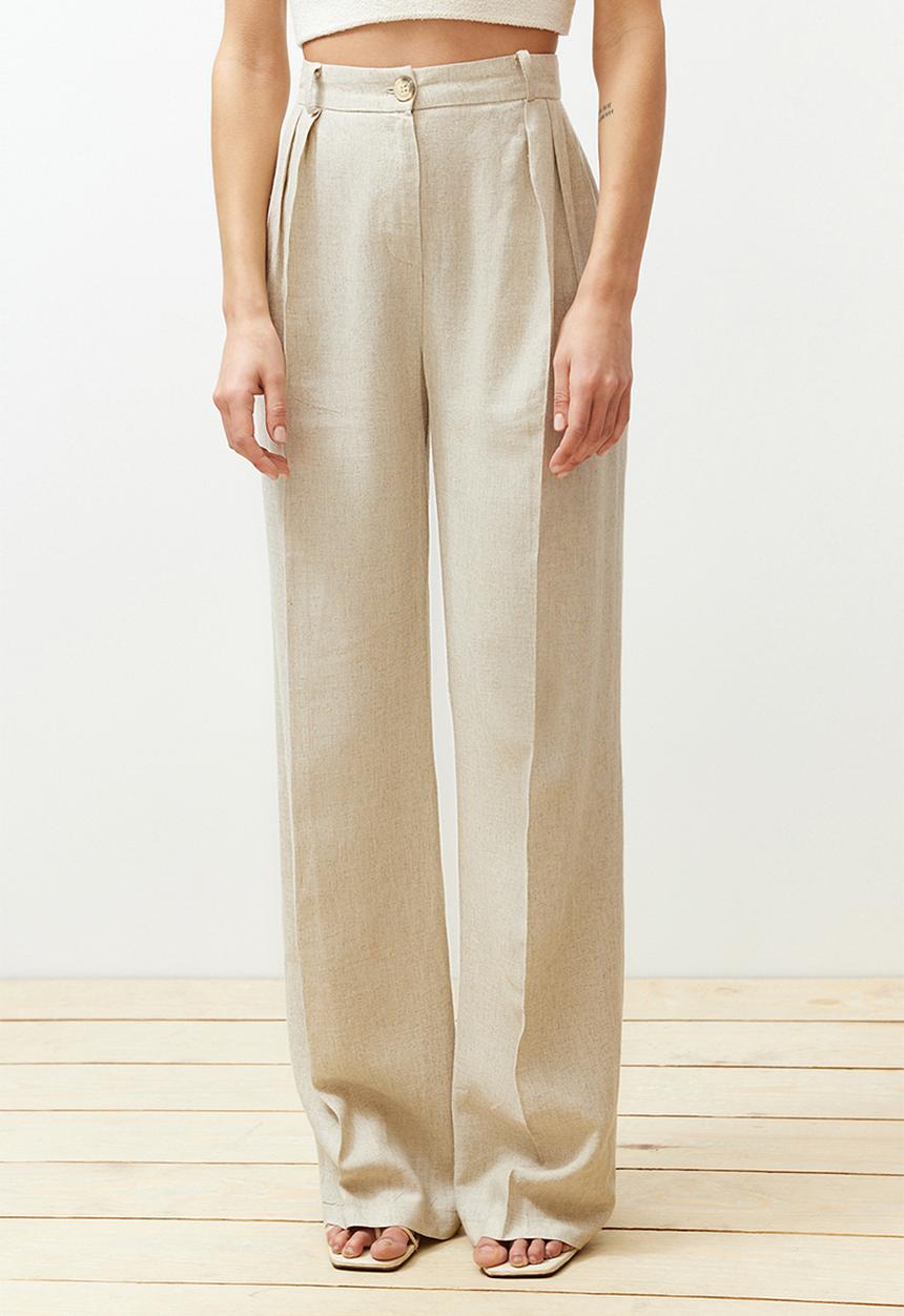 Trendyol - Linen Blend Wide Leg Trousers - Beige