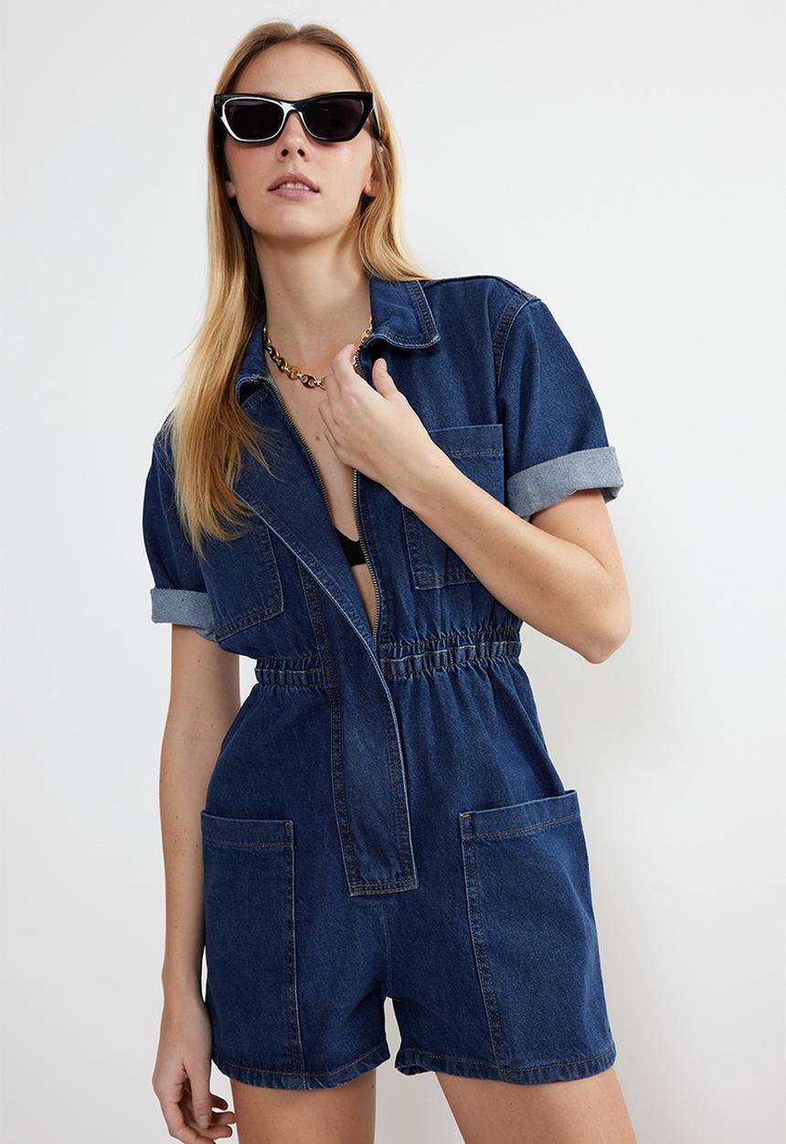 Trendyol - Elastic Waist Denim Shorts Overalls - Dark Blue