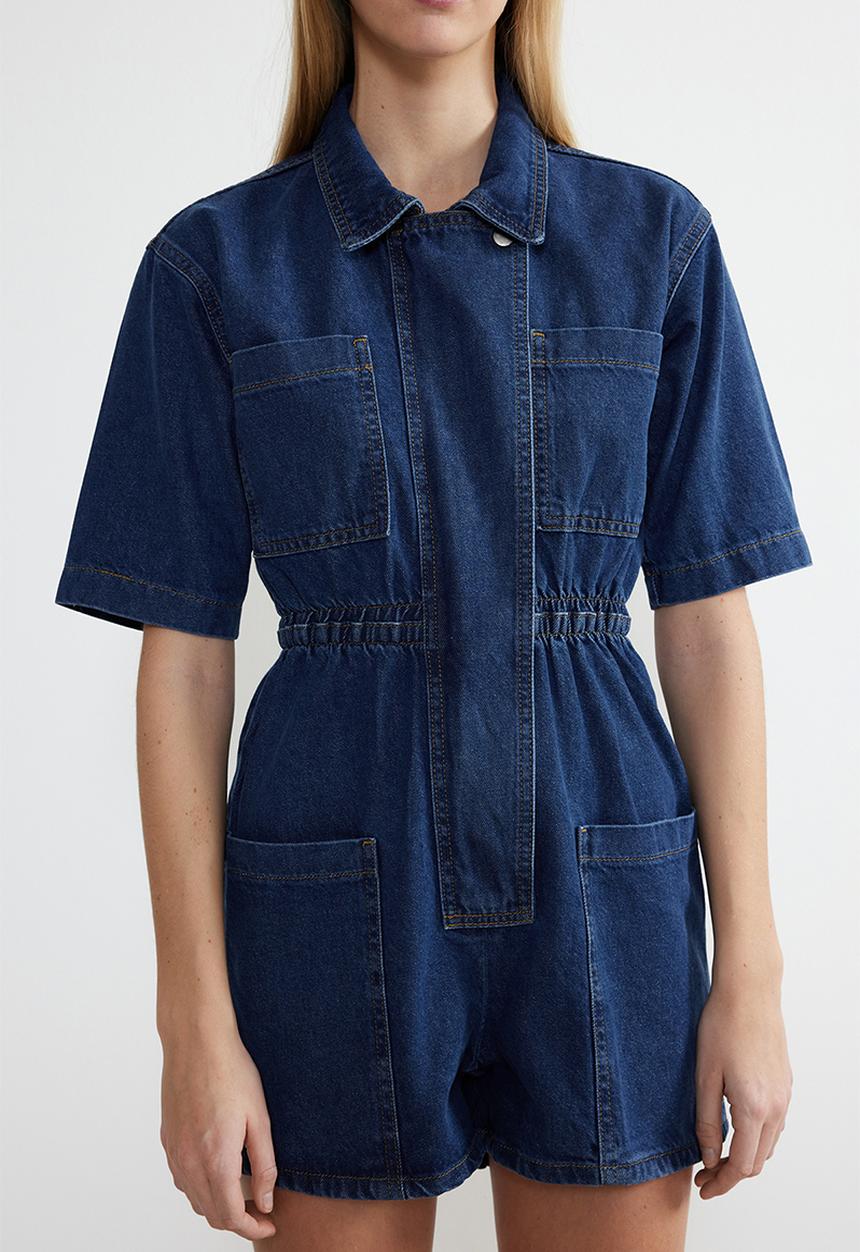Trendyol - Elastic Waist Denim Shorts Overalls - Dark Blue