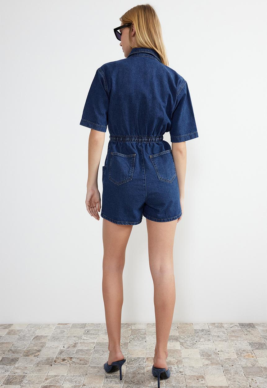 Trendyol - Elastic Waist Denim Shorts Overalls - Dark Blue