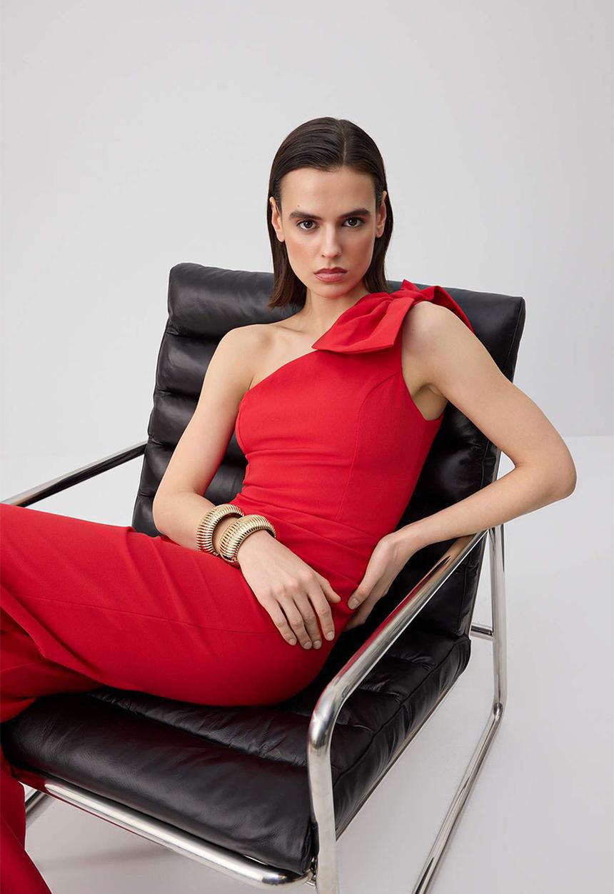 Trendyol - Plain Asymmetric Collar Sleeveless Bow Woven Finike Stylish/Night Jumpsuit - Red