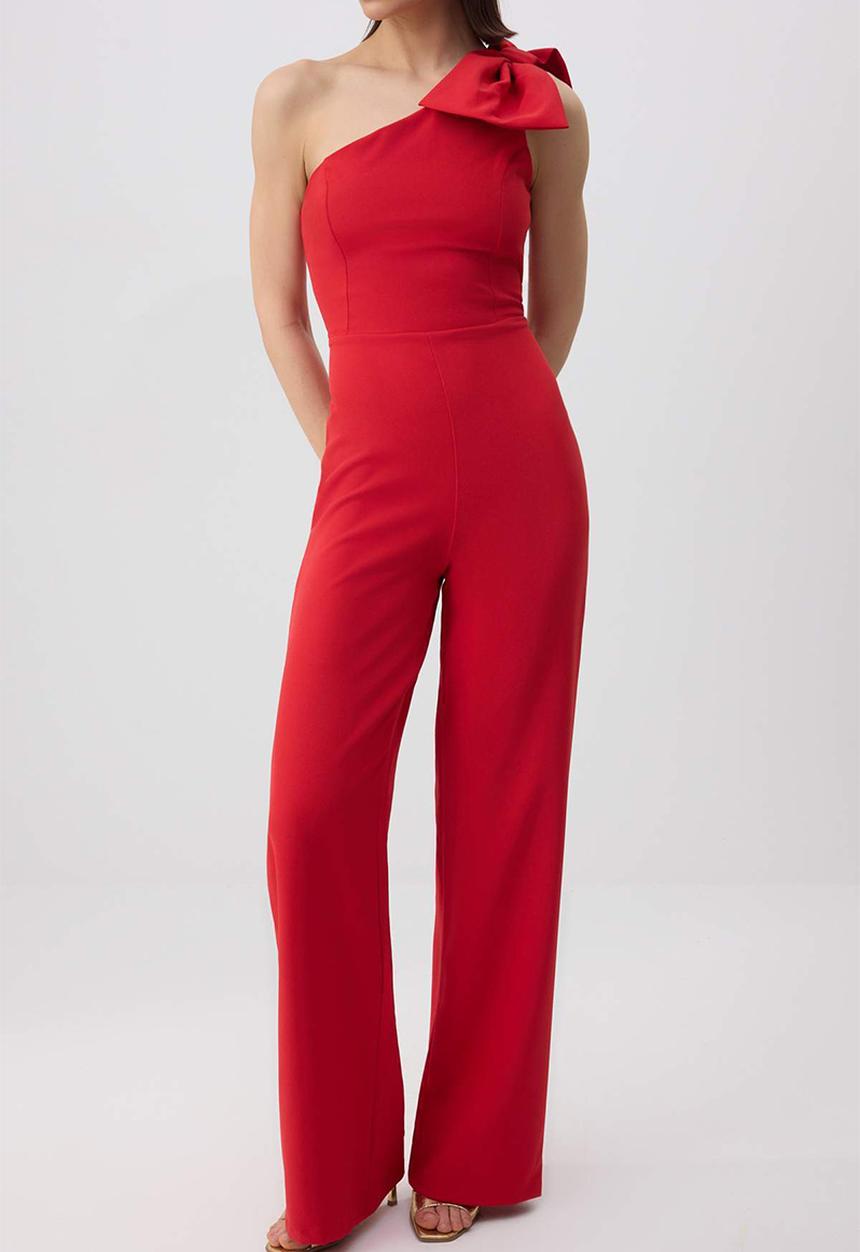 Trendyol - Plain Asymmetric Collar Sleeveless Bow Woven Finike Stylish/Night Jumpsuit - Red