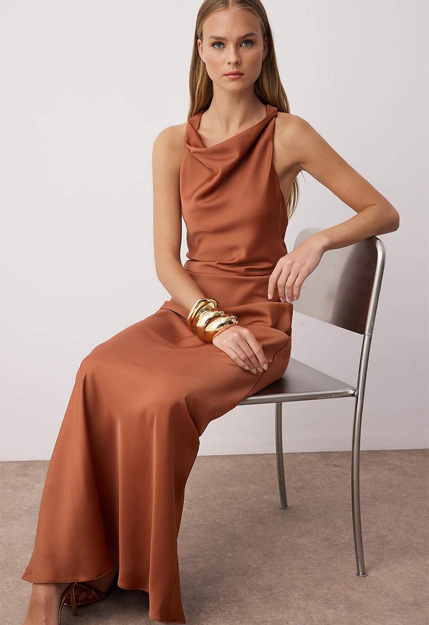 Trendyol - Bodycon Satin Woven Maxi Evening Dress - Brown