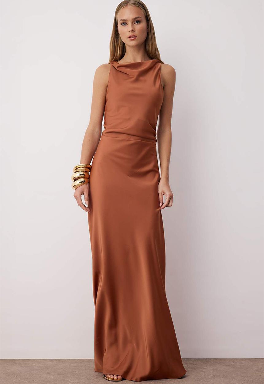 Trendyol - Bodycon Satin Woven Maxi Evening Dress - Brown