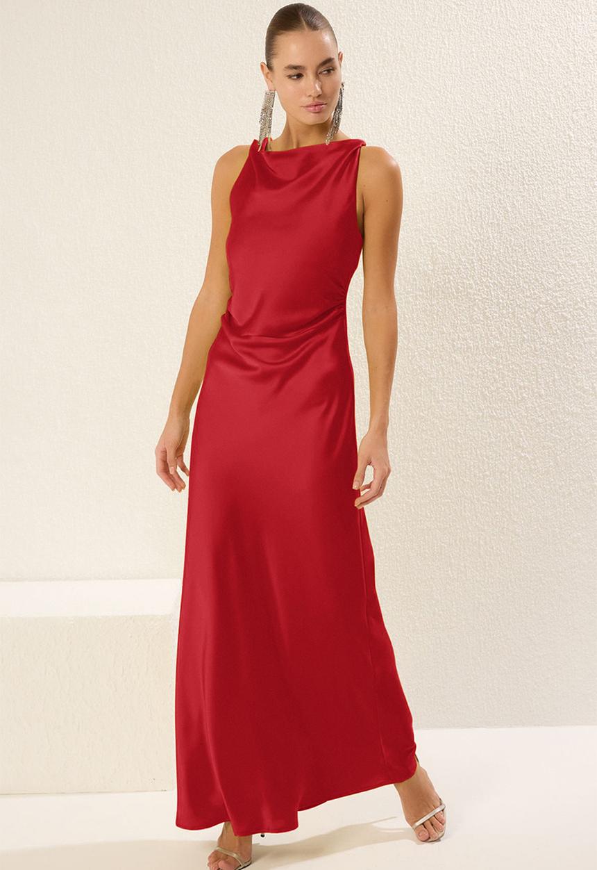 Trendyol - Bodycon Satin Woven Maxi Evening Dress - Red