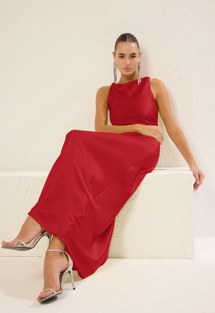 Trendyol - Bodycon Satin Woven Maxi Evening Dress - Red