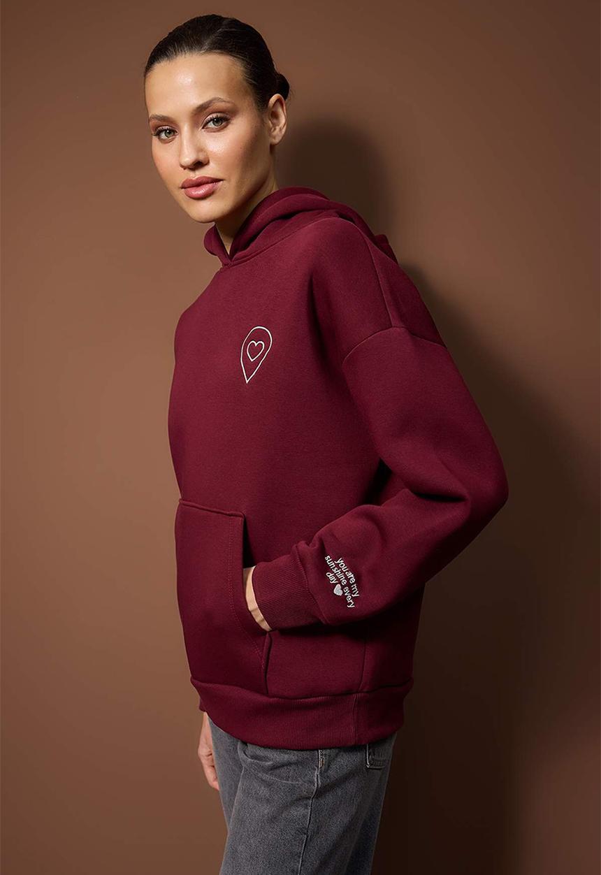 Trendyol - Oversize Wide Fit Hooded Knitted Sweatshirt - Burgundy