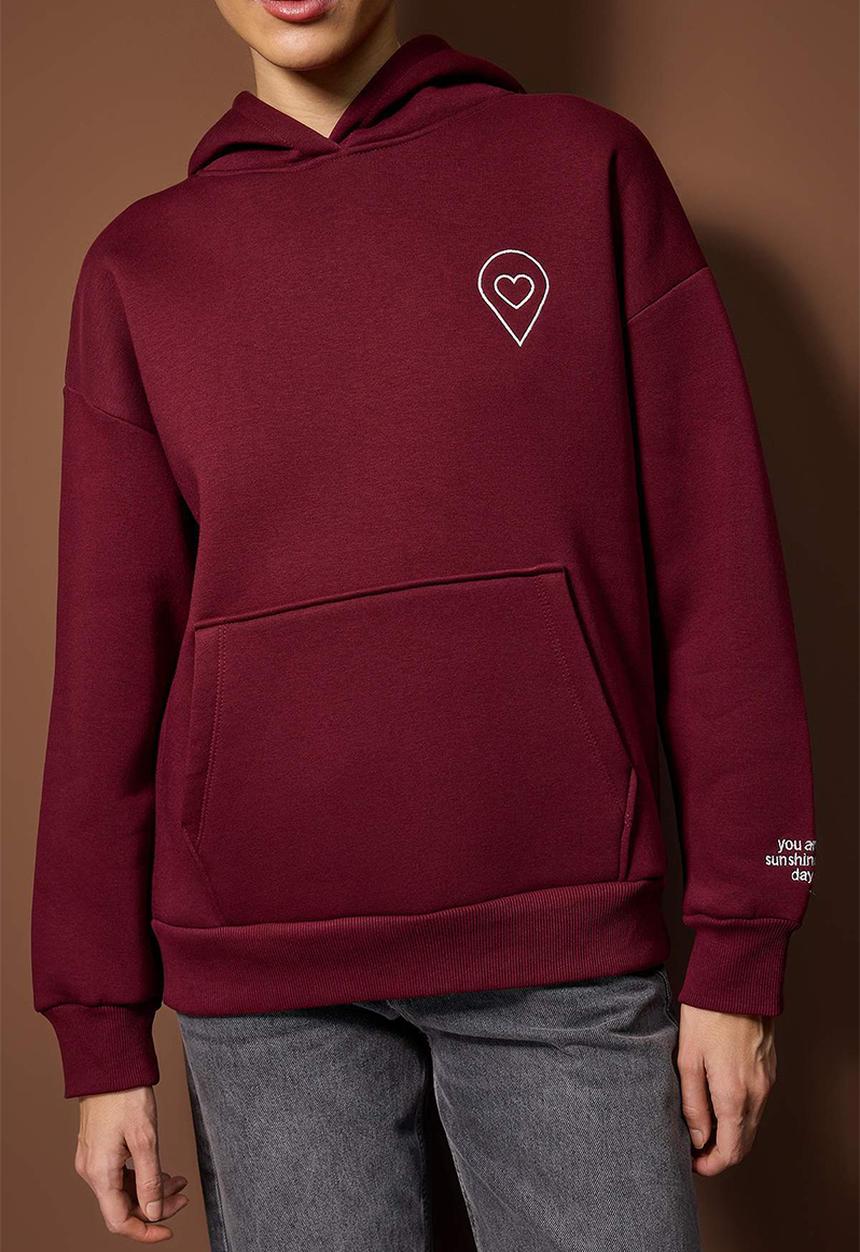 Trendyol - Oversize Wide Fit Hooded Knitted Sweatshirt - Burgundy