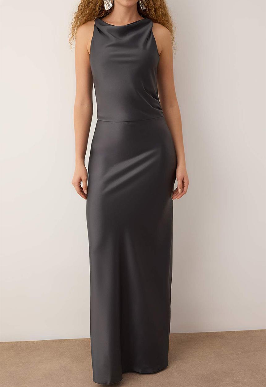 Trendyol - Bodycon Woven Satin Maxi Evening Dress - Anthracite