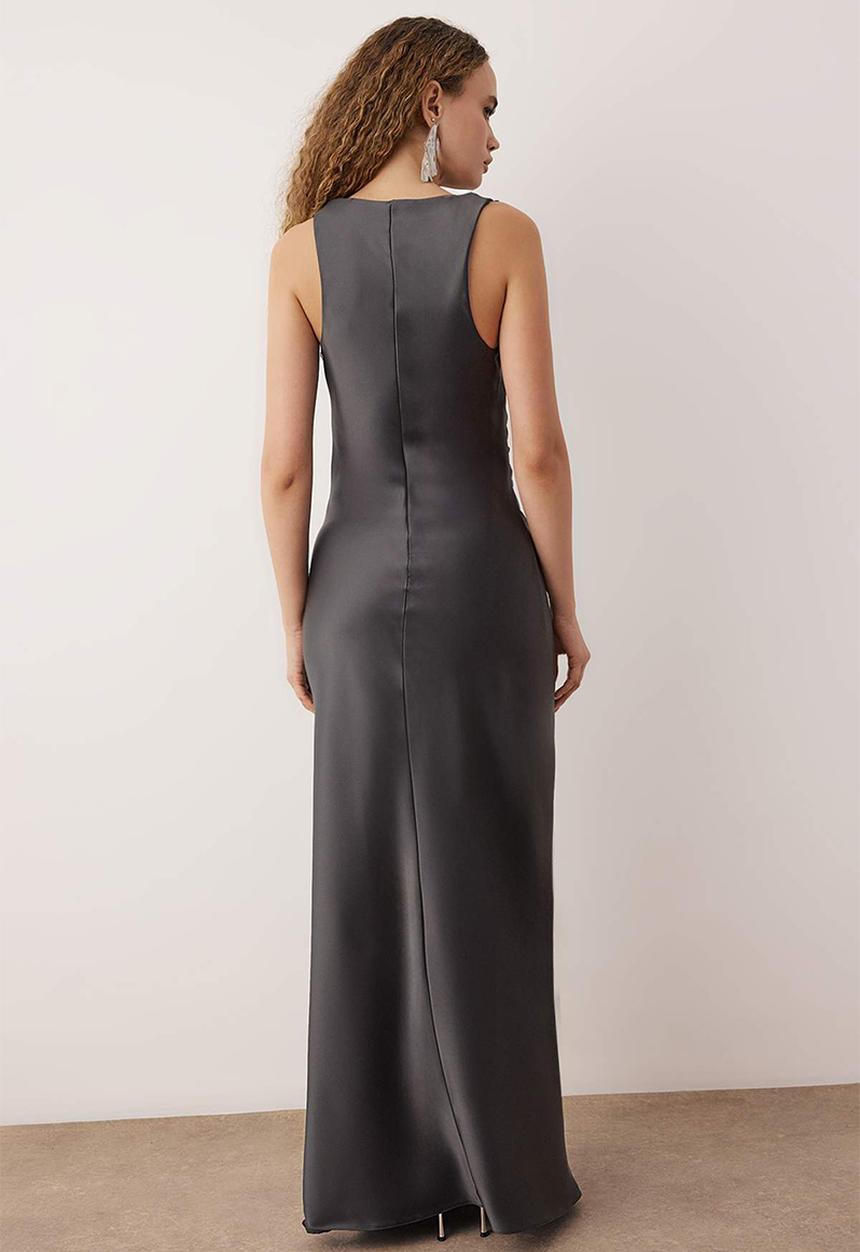 Trendyol - Bodycon Woven Satin Maxi Evening Dress - Anthracite