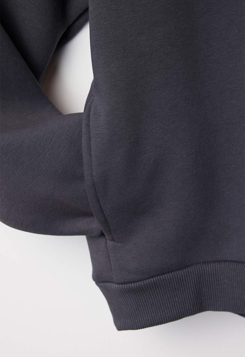 Trendyol - Hooded Slogan Printed Boxy Fit Knitted Sweatshirt - Anthracite