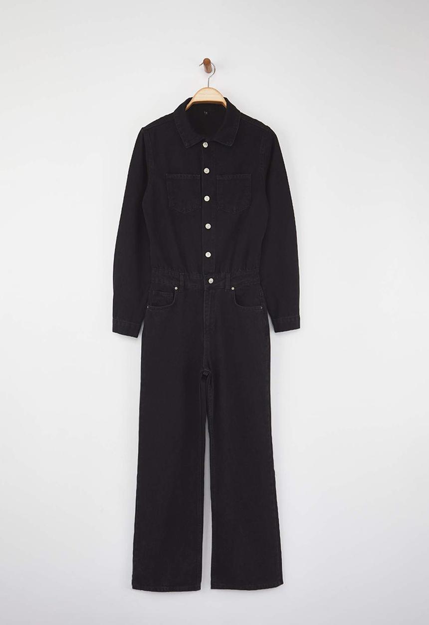 Trendyol - Shirt Collar Wide Leg Denim Overalls - Black