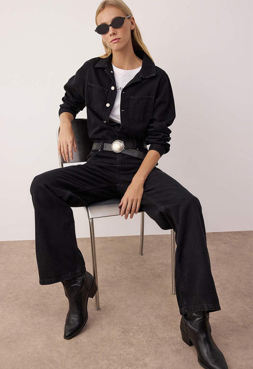 Trendyol - Shirt Collar Wide Leg Denim Overalls - Black