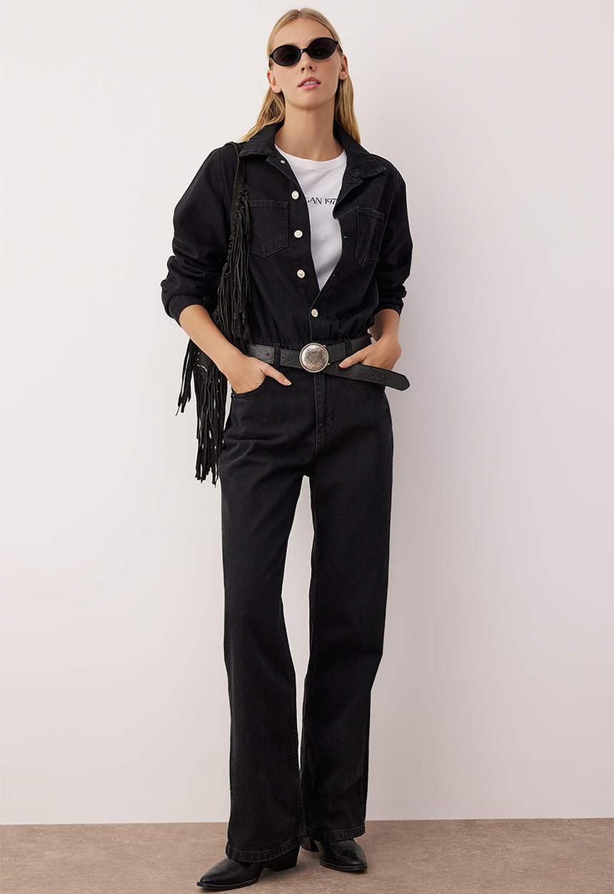 Trendyol - Shirt Collar Wide Leg Denim Overalls - Black
