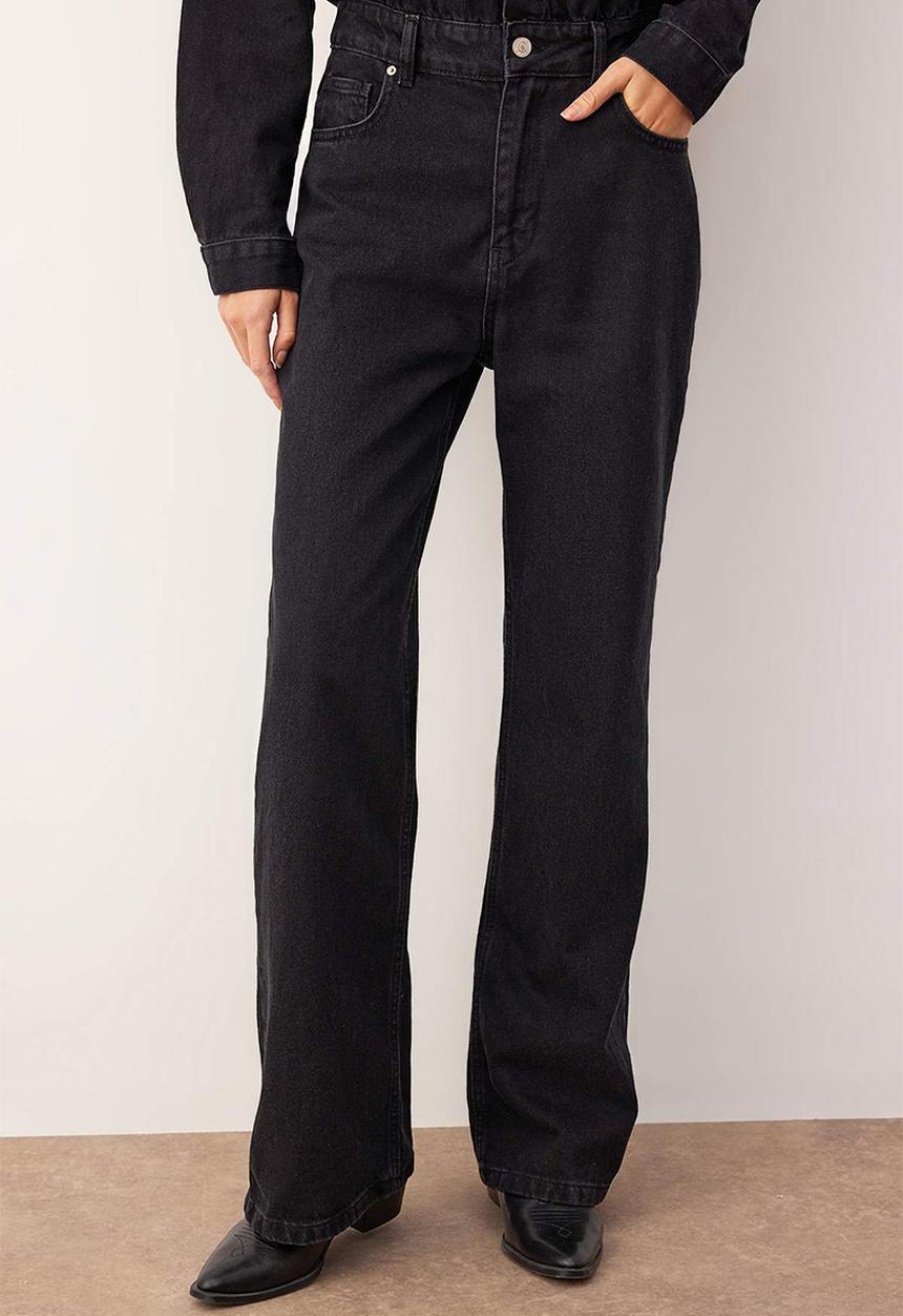 Trendyol - Shirt Collar Wide Leg Denim Overalls - Black