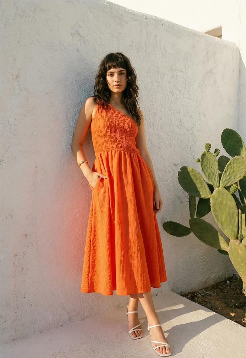 Trendyol - Waist Opening Midi Woven Dress - Orange