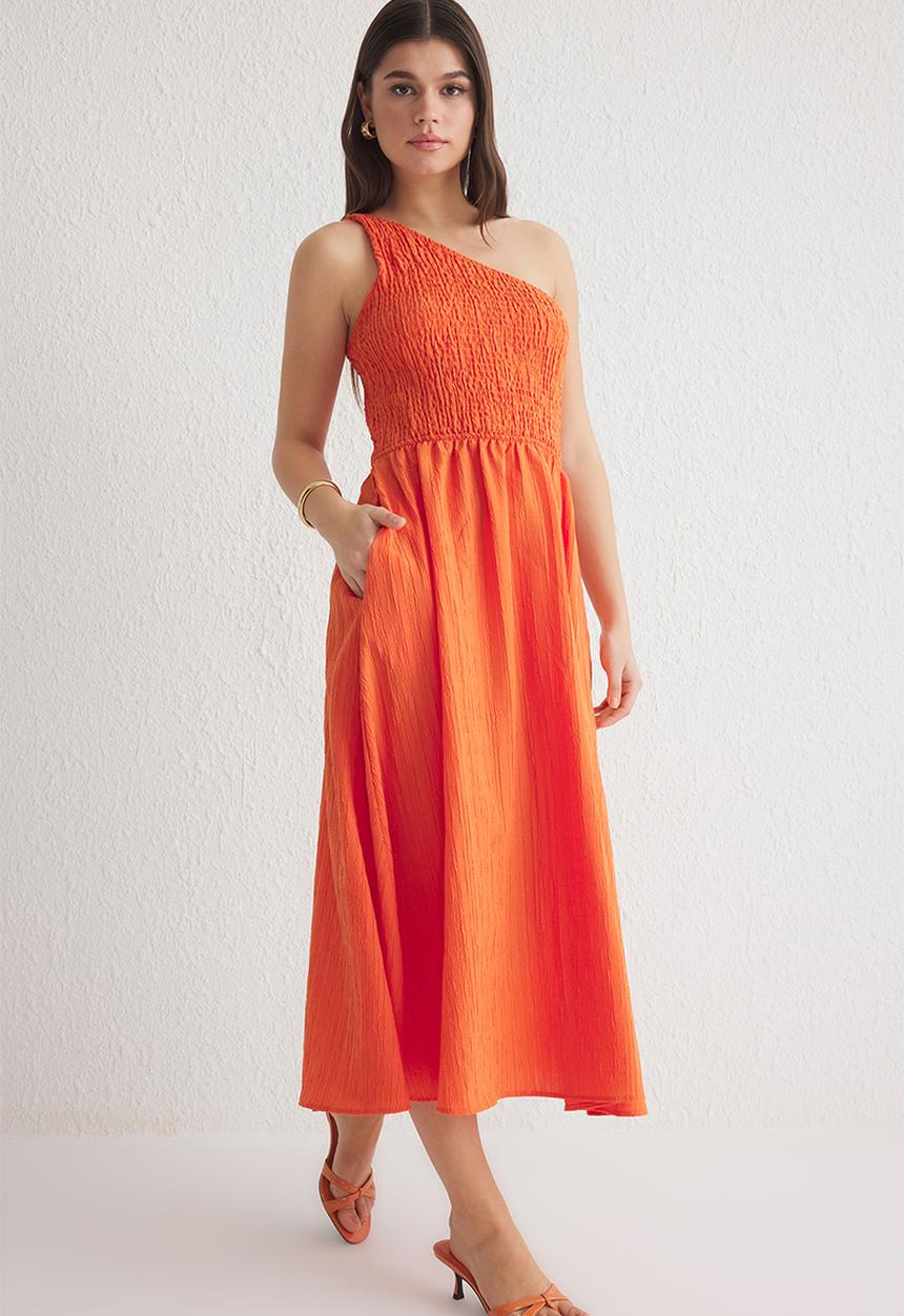 Trendyol - Waist Opening Midi Woven Dress - Orange