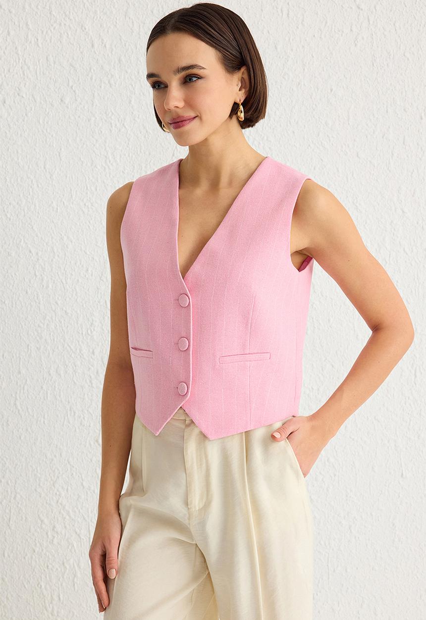 Trendyol - Regular Striped Cotton Linen Crop Woven Vest - Light Pink