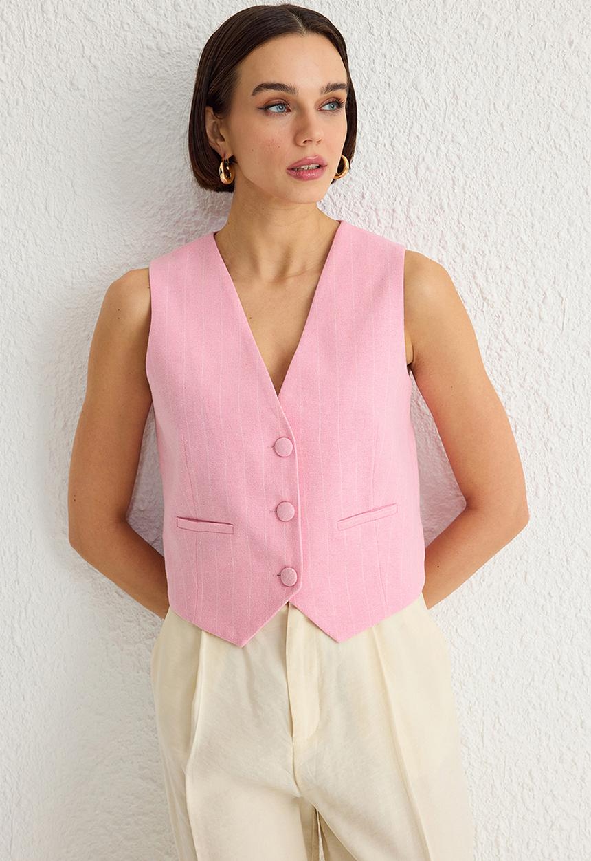 Trendyol - Regular Striped Cotton Linen Crop Woven Vest - Light Pink