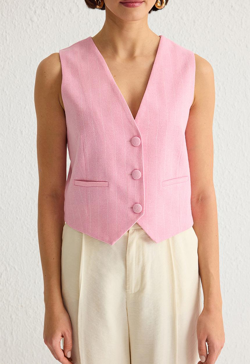 Trendyol - Regular Striped Cotton Linen Crop Woven Vest - Light Pink