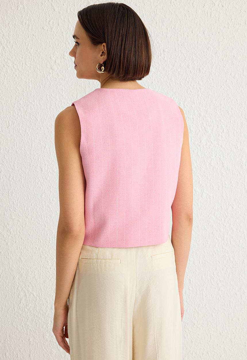 Trendyol - Regular Striped Cotton Linen Crop Woven Vest - Light Pink