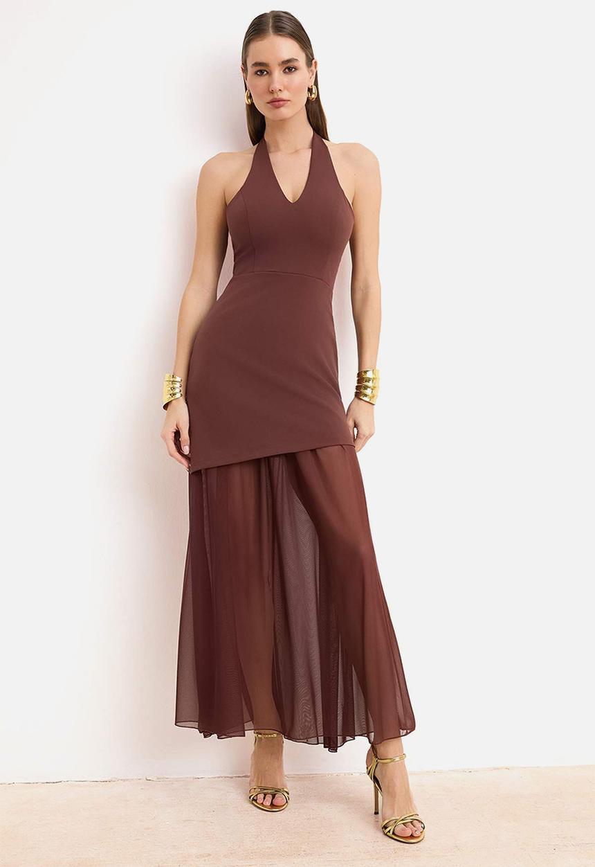 Trendyol - Tulle Detailed Finike Evening Dress - Dark Brown