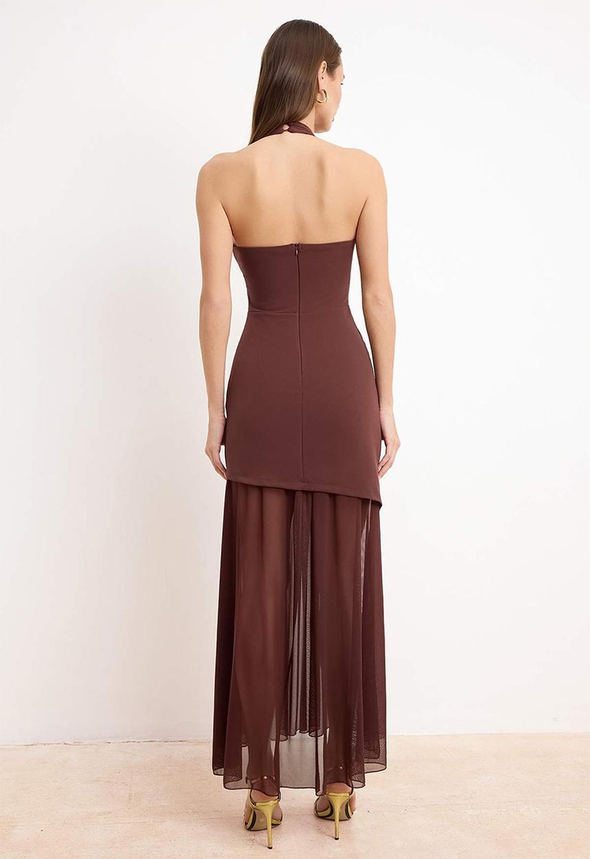 Trendyol - Tulle Detailed Finike Evening Dress - Dark Brown
