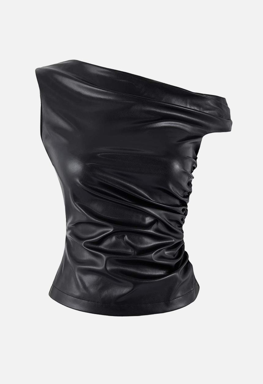 Trendyol - Asymmetric Faux Leather Blouse - Black