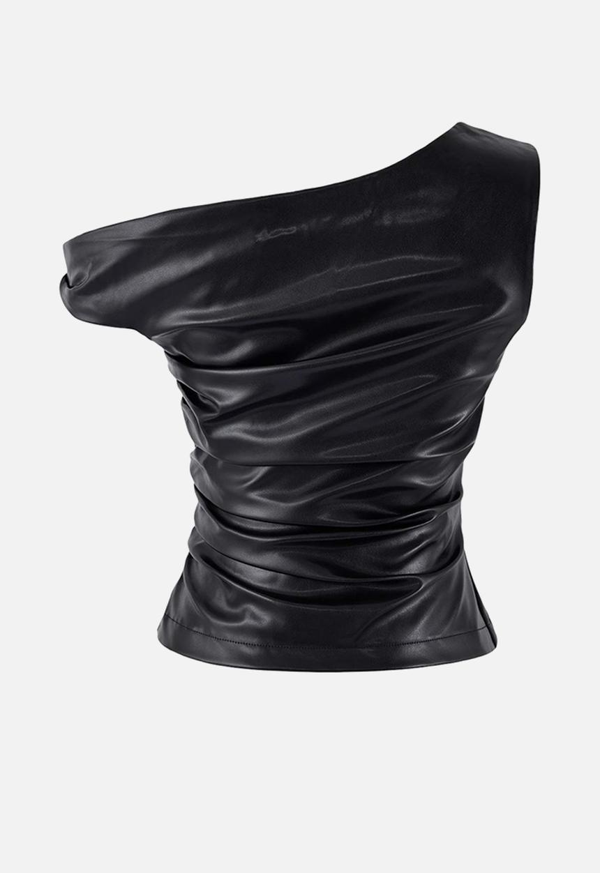 Trendyol - Asymmetric Faux Leather Blouse - Black