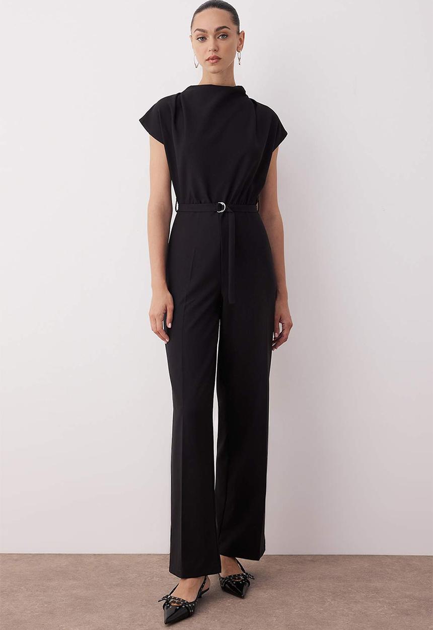 Trendyol - Belted Wide Leg Detachable Collar Jumpsuit - Black