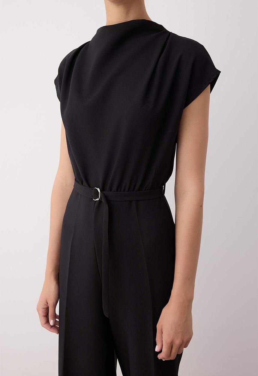 Trendyol - Belted Wide Leg Detachable Collar Jumpsuit - Black