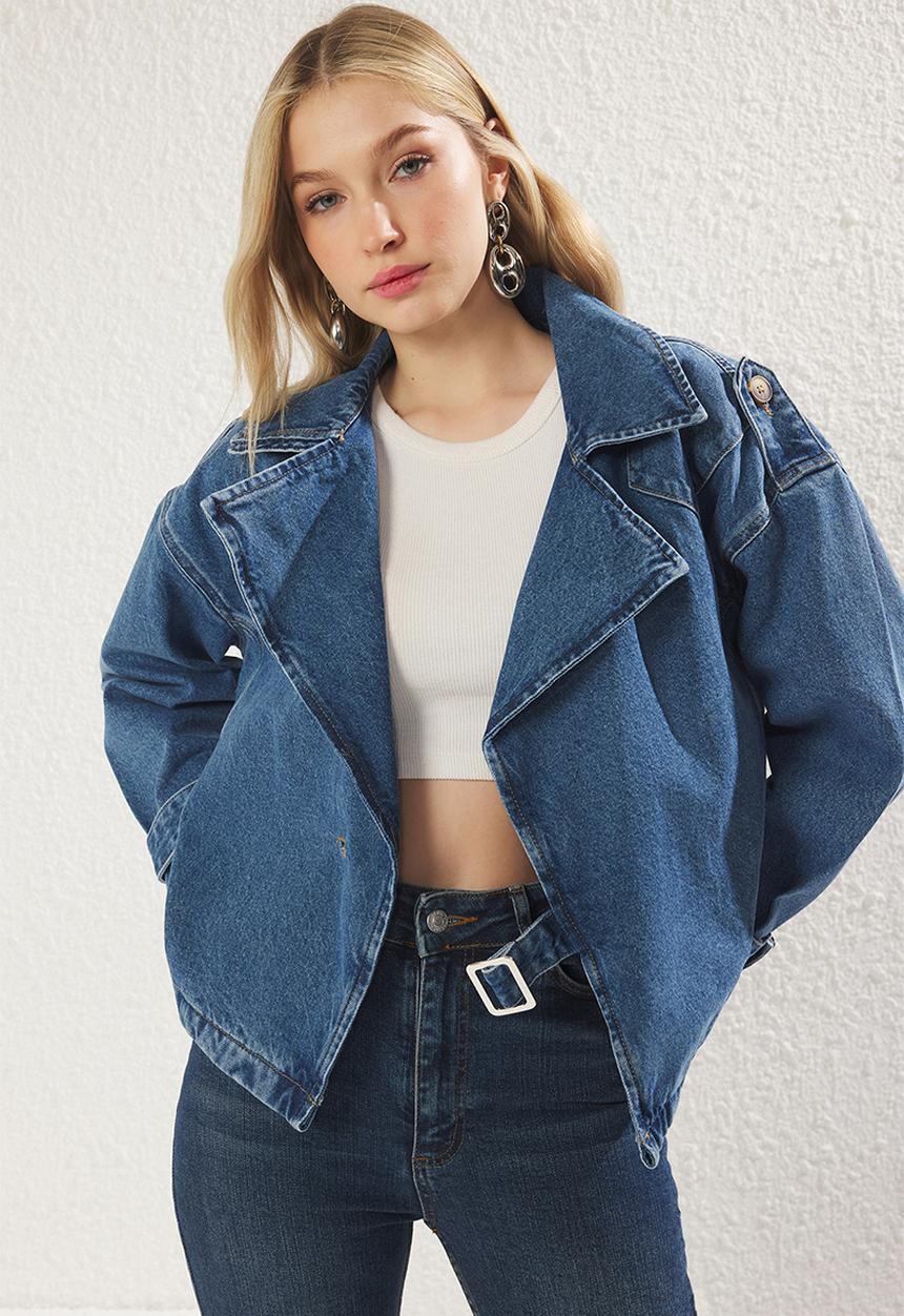 Trendyol - Double Breasted Belt Buckle Oversize Denim Blazer Jacket - Blue