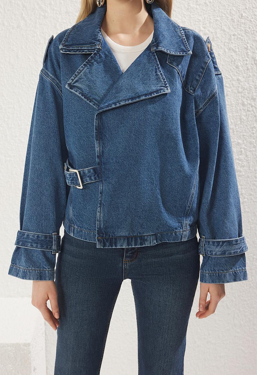Trendyol - Double Breasted Belt Buckle Oversize Denim Blazer Jacket - Blue