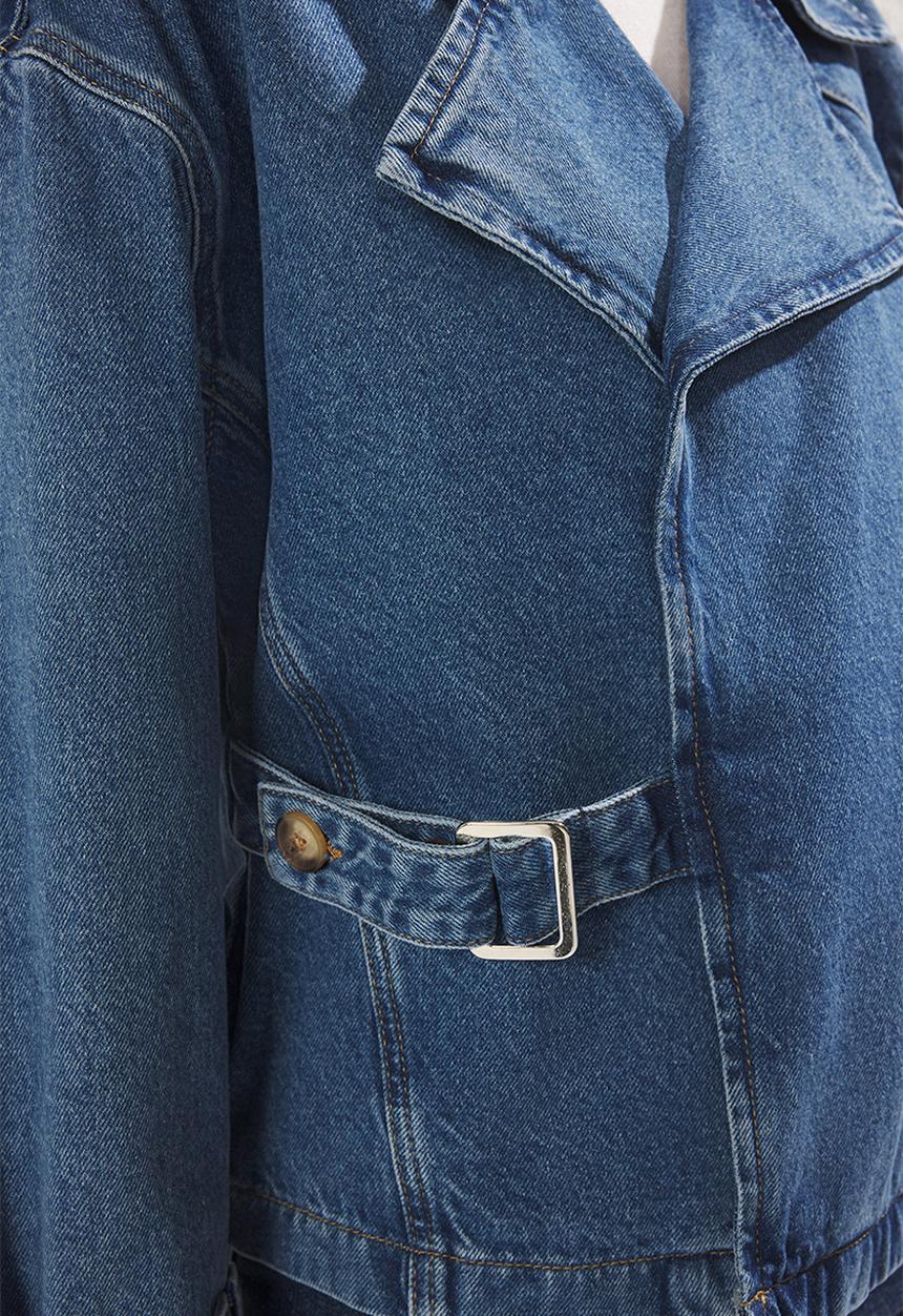 Trendyol - Double Breasted Belt Buckle Oversize Denim Blazer Jacket - Blue