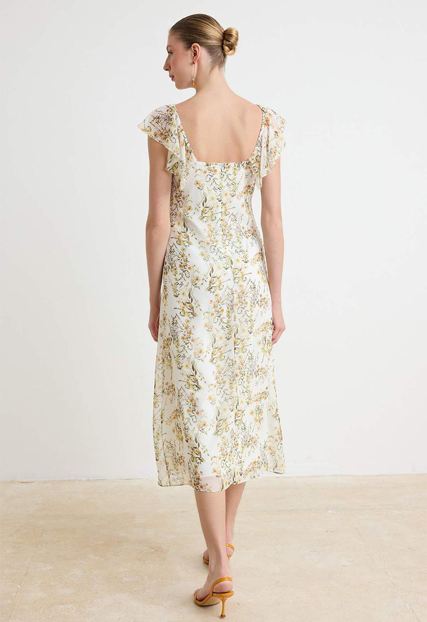 Trendyol - Floral Ruffle A-Line Chiffon Woven Maxi Dress - White