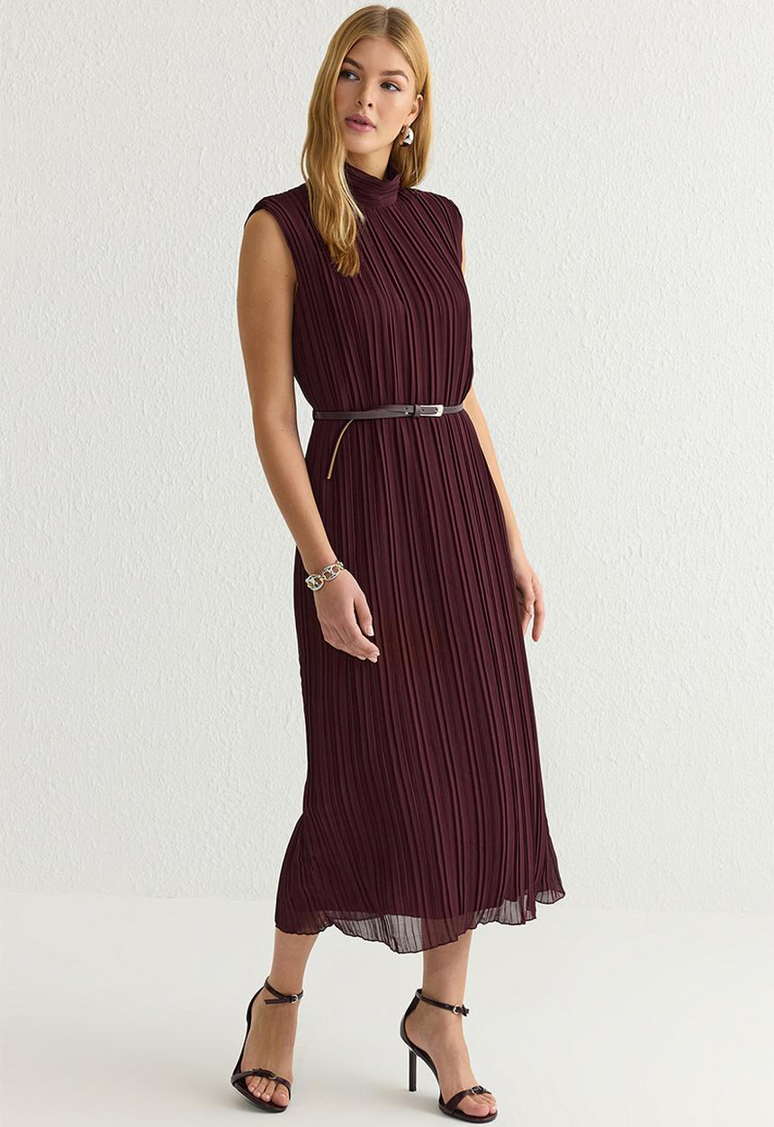 Trendyol - Chiffon Midi Dress with Belt - Burgundy