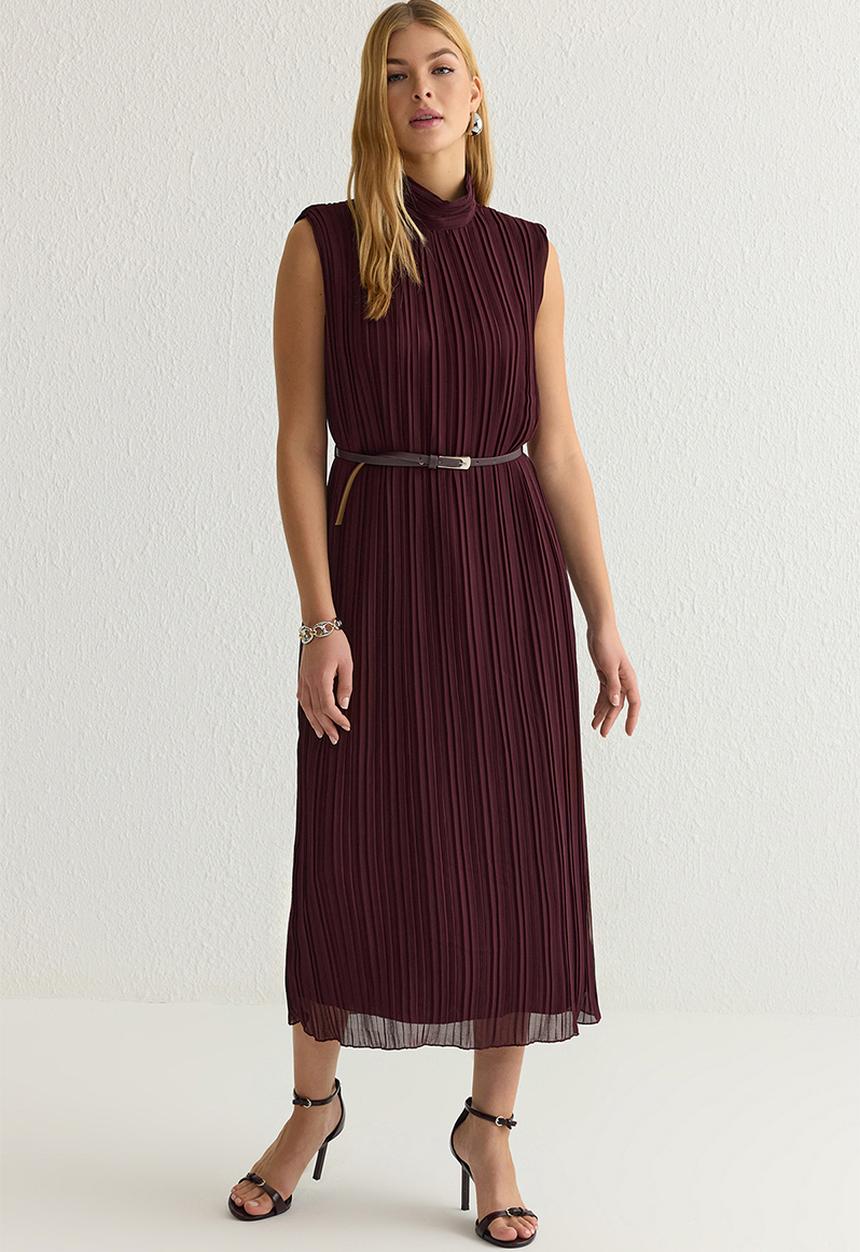 Trendyol - Chiffon Midi Dress with Belt - Burgundy