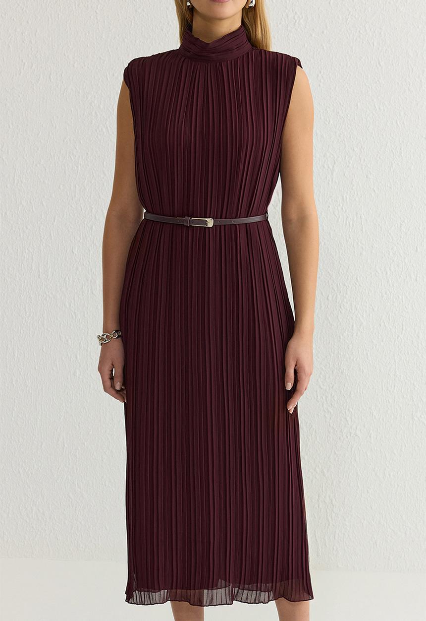 Trendyol - Chiffon Midi Dress with Belt - Burgundy