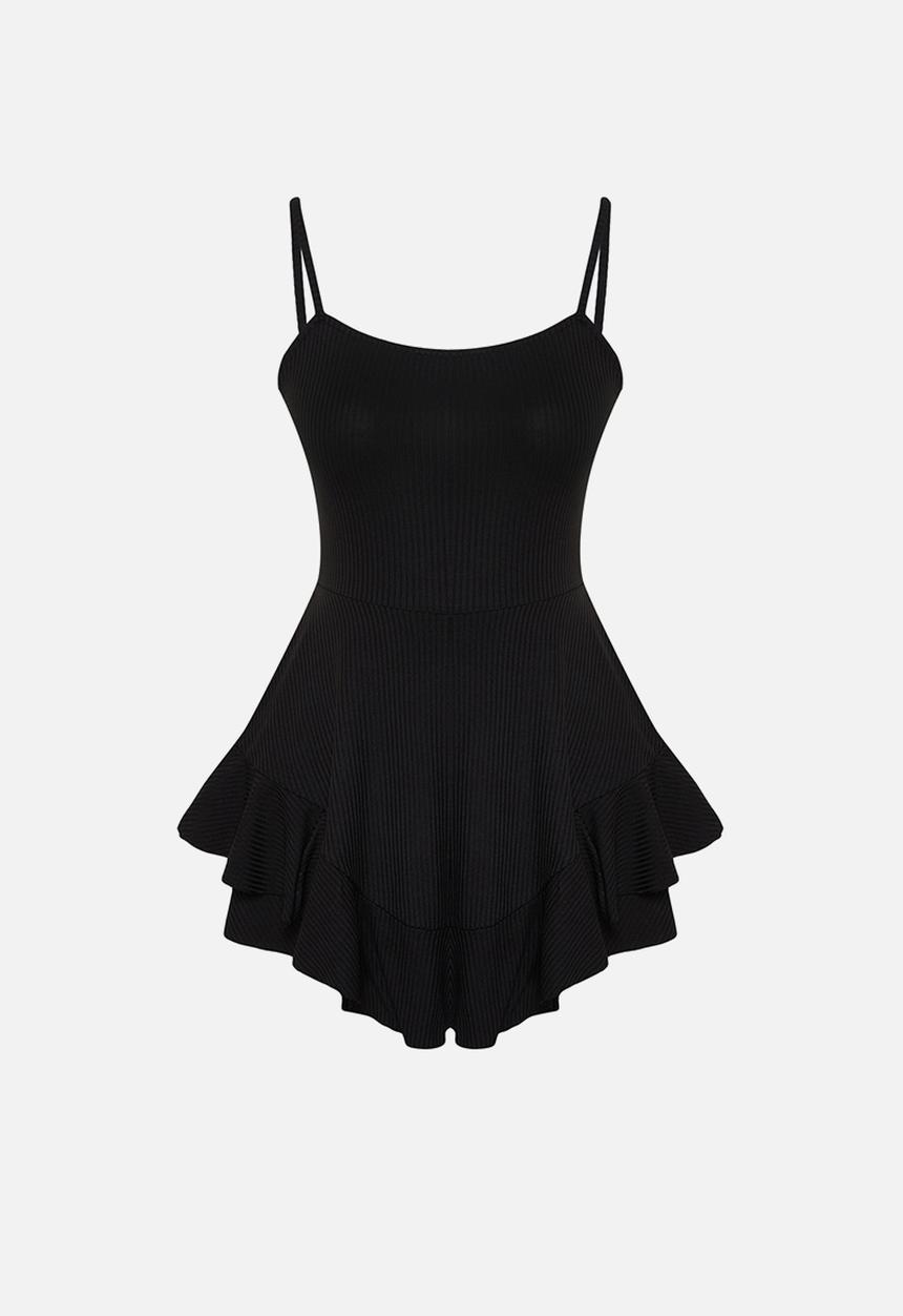 Trendyol - Strappy Flounce Mini Knitted Jumpsuit with Shorts - Black