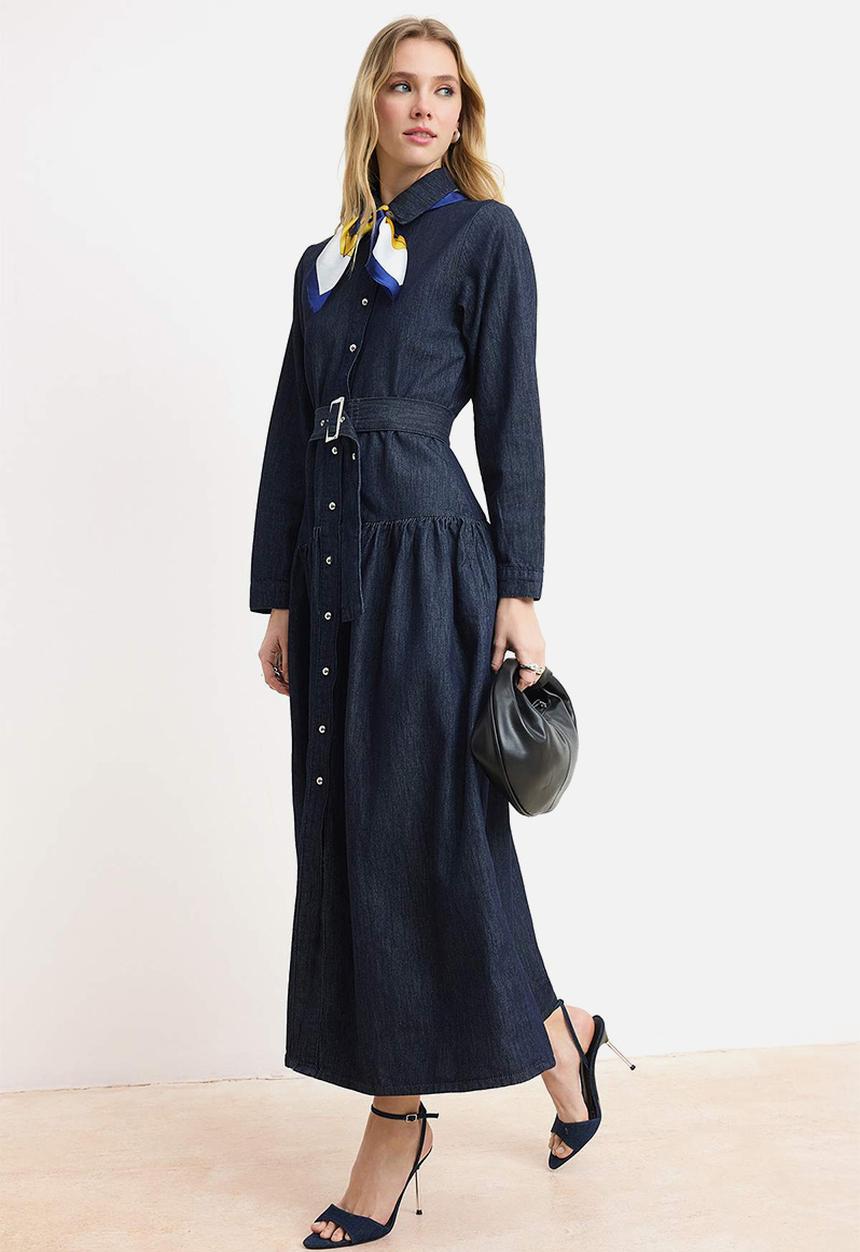 Drape Belted Maxi 100% Cotton Denim Dress - Dark Blue