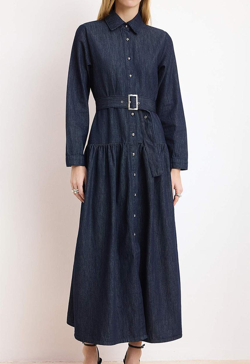 Trendyol - Drape Belted Maxi Denim Dress - Dark Blue