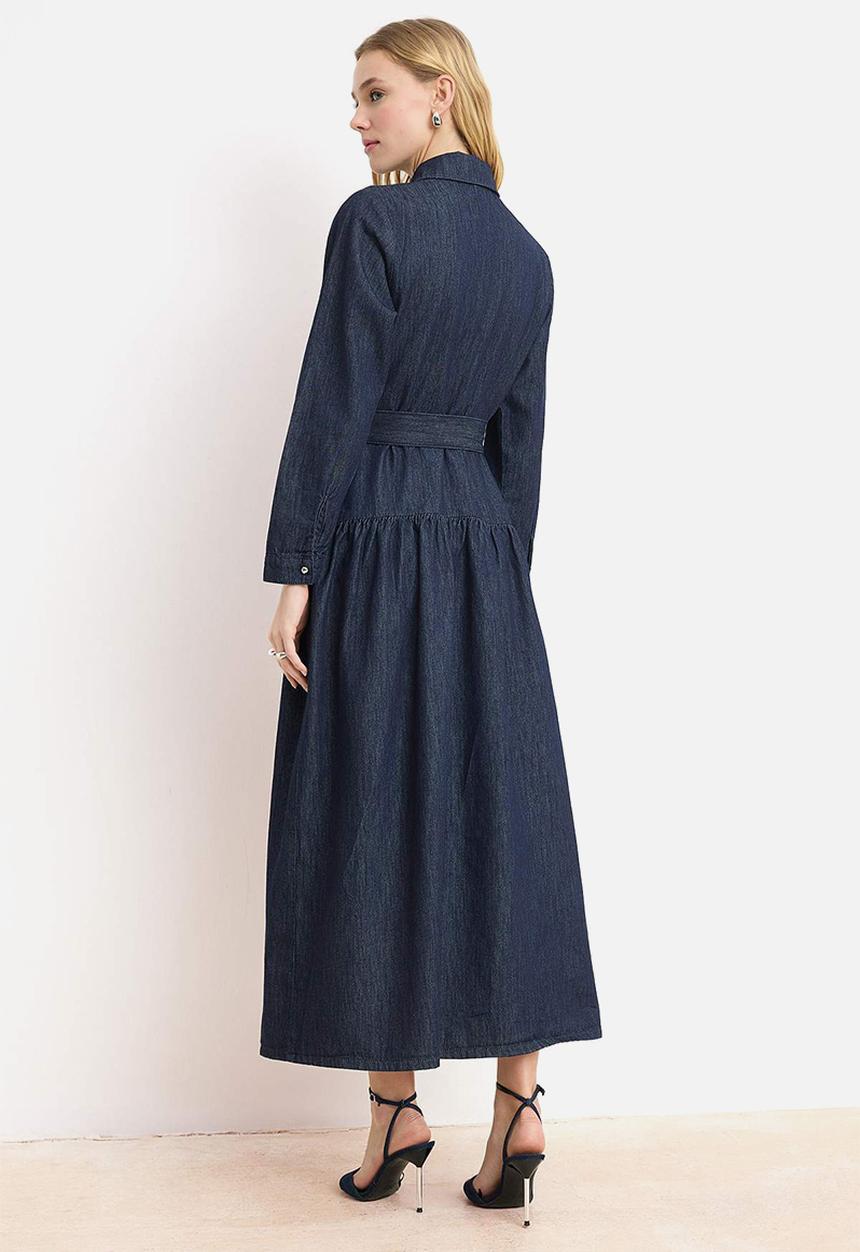 Trendyol - Drape Belted Maxi Denim Dress - Dark Blue