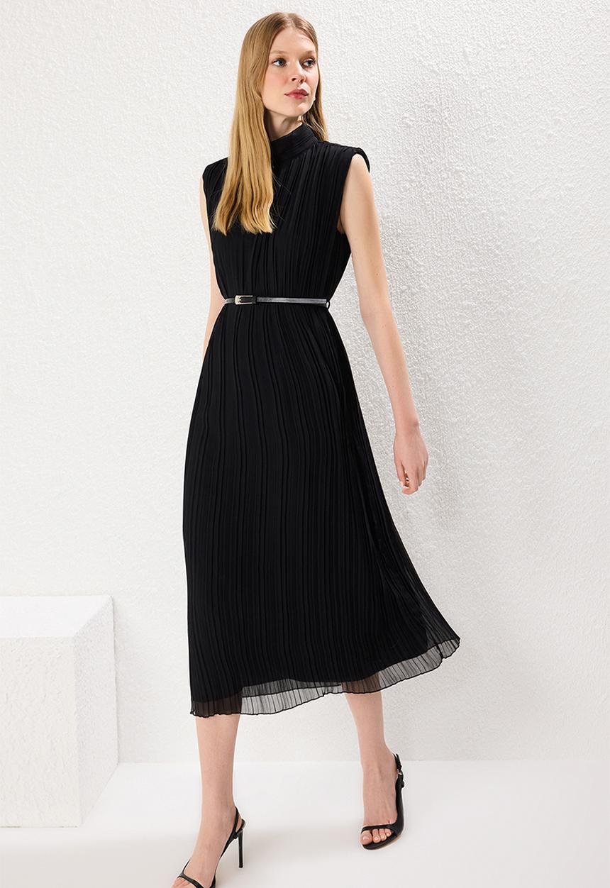 Trendyol - Belted Straight Cut Pleated Midi Lined Chiffon Woven Dress - Black
