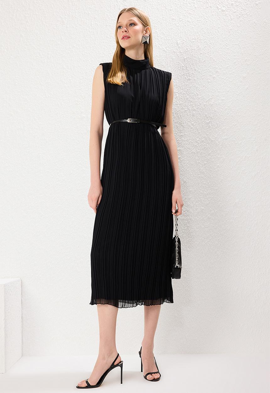 Trendyol - Belted Straight Cut Pleated Midi Lined Chiffon Woven Dress - Black