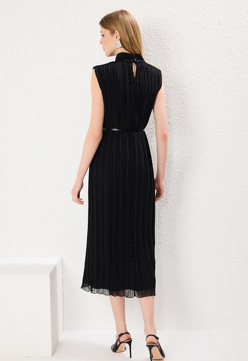 Trendyol - Belted Straight Cut Pleated Midi Lined Chiffon Woven Dress - Black