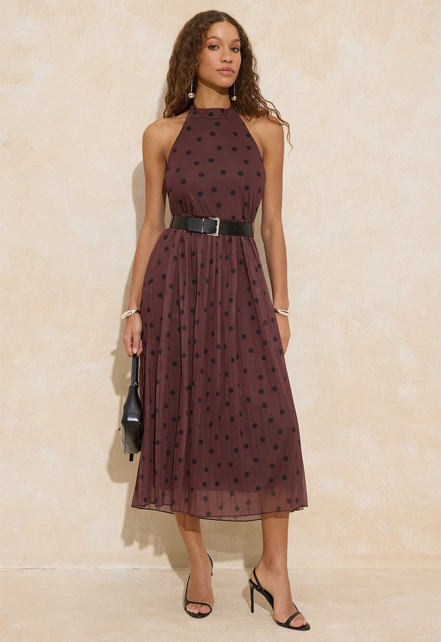 Trendyol - Polka Dot Waist Cutout Halter Neck Pleated Maxi Tulle Knitted Dress - Brown
