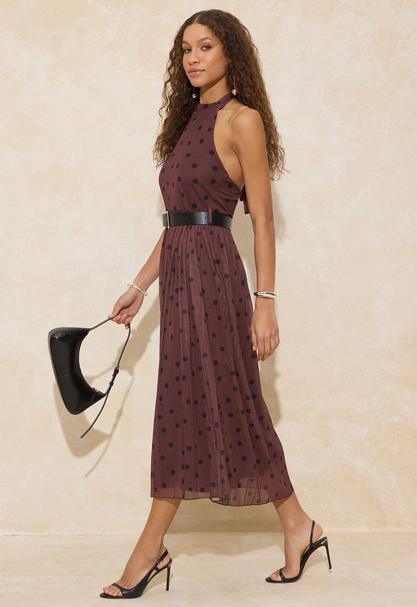 Trendyol - Polka Dot Waist Cutout Halter Neck Pleated Maxi Tulle Knitted Dress - Brown