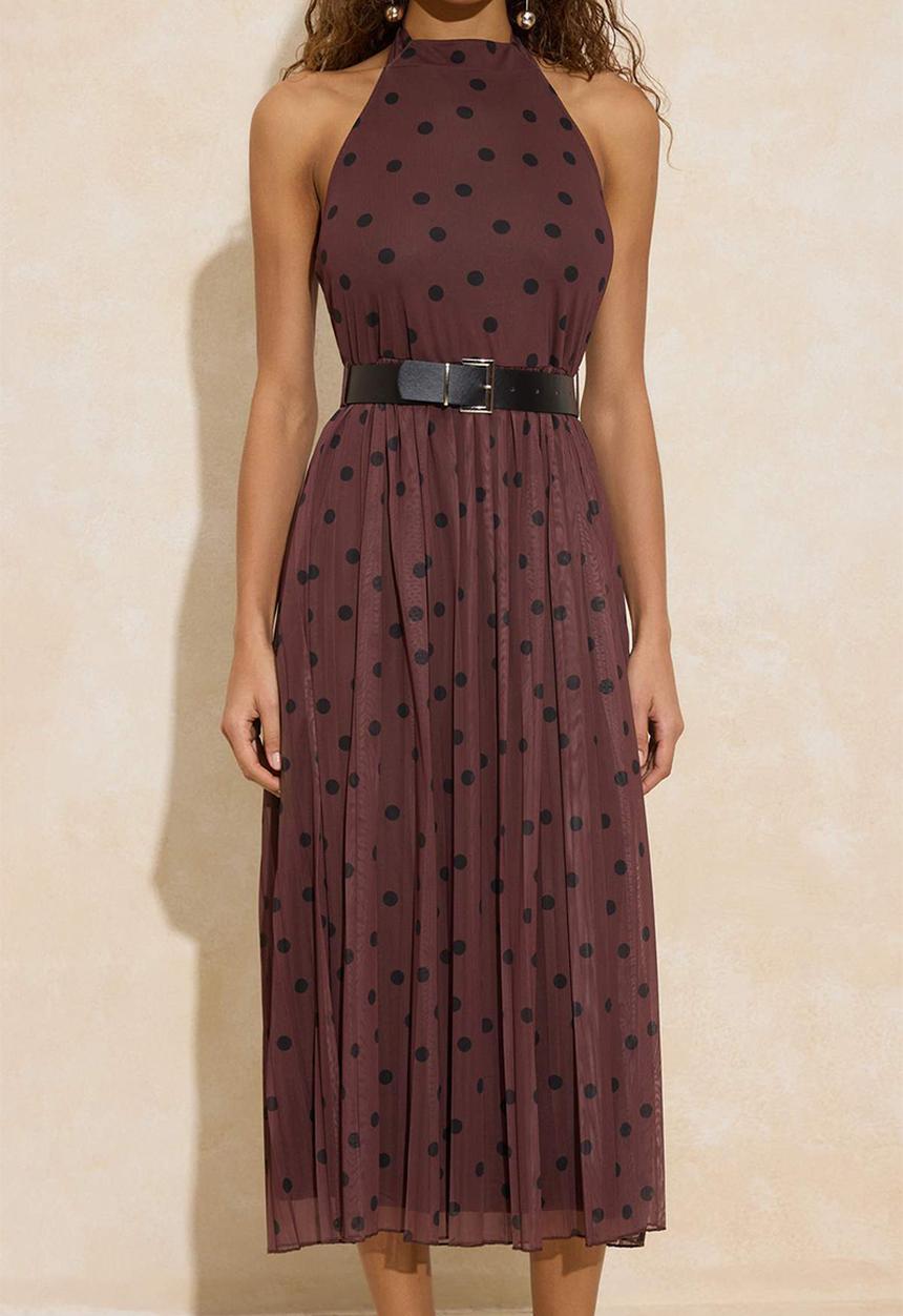 Trendyol - Polka Dot Waist Cutout Halter Neck Pleated Maxi Tulle Knitted Dress - Brown